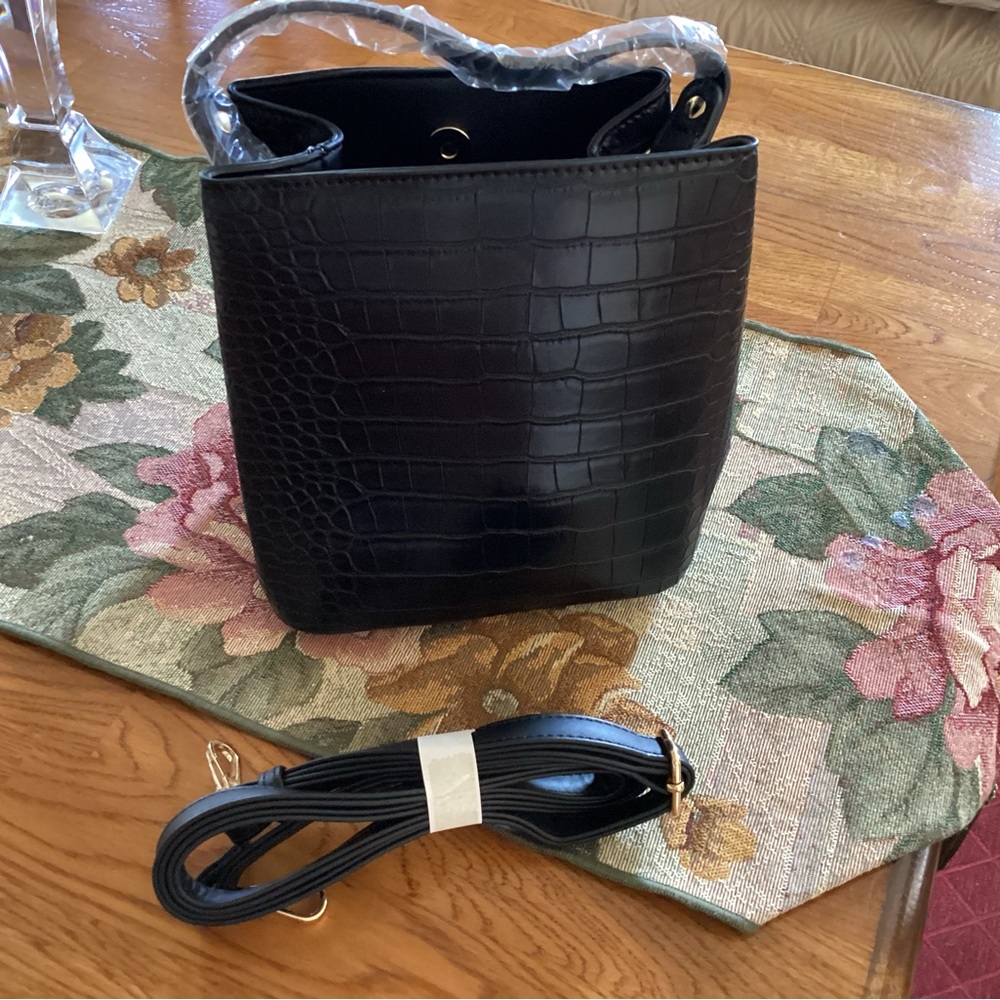 Revolve AOTA NWT Elena Crossbody Bucket Bag in Black Croc Vegan Leather Purse